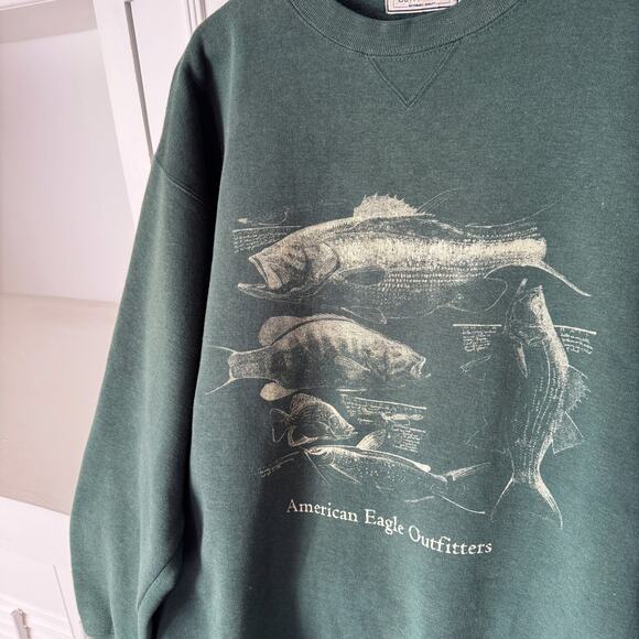 Vintage American Eagle Outfitters Forest Green Bass Fishing Sweatshirt Size XL - Picture 3 of 4